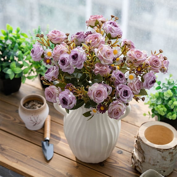 Lilgiuy Artificial Roses Flowers, Small Silk Flowers for Home Decor Indoor Fake Bouquet Faux Floral Arrangements Dining Table Centerpieces for Kitchen Bridal Wedding Party Decor, 16.5 Inches