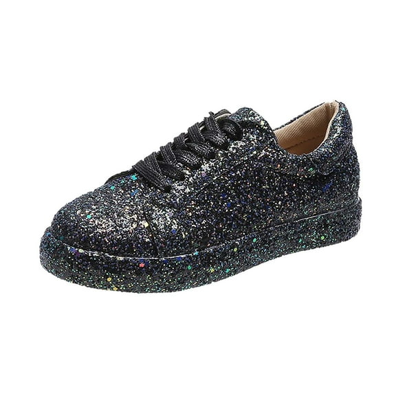 Lilgiuy Autumn And Winter Sequined Flat Lace-up Casual Women's Single Shoes PumpsBlack,5.5 2022 Fall Winter