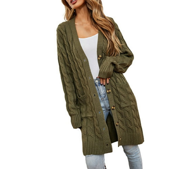 Lilgiuy Autumn And Winter Women's Casual Coat Long Sleeve Buttons Solid Long Cardigan Tops Sweater With Pocket，Army Green,6 for 2022