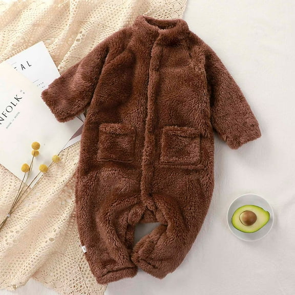 Lilgiuy Autumn Winter Infant Toddler Baby Long Sleeve Print Plush Romper Jumpsuit，Brown,12-24 Months Winter Clothes for 2022