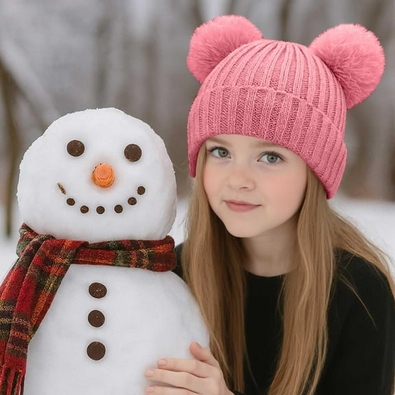 Lilgiuy Baby Beanie Infant Newborn Toddler Winter Hat Double Pom Pom Warm Knit Cap Christmas Birthday Gifts for Girls Boys, Hot Pink