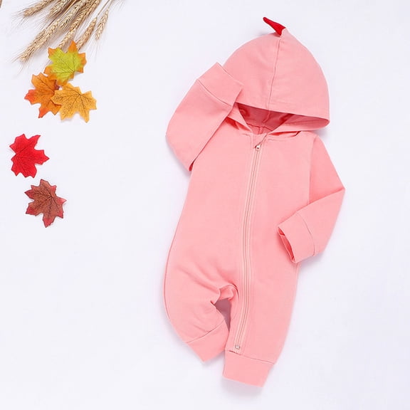 Lilgiuy Baby Boy Girl Hoodie Romper Solid Color Cute Dinosaur Long Sleeve Zipper Siamese Climbing Romper Spring Fall Outfit Clothes Pink（3-6Months）