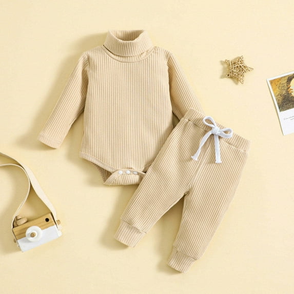 Lilgiuy Baby Boy Girl Winter Clothes New Year Outfits Casual Solid Color Long Sleeve Pullover Turtleneck Romper Drawstring Pants Set 0-24 Months(Beige)