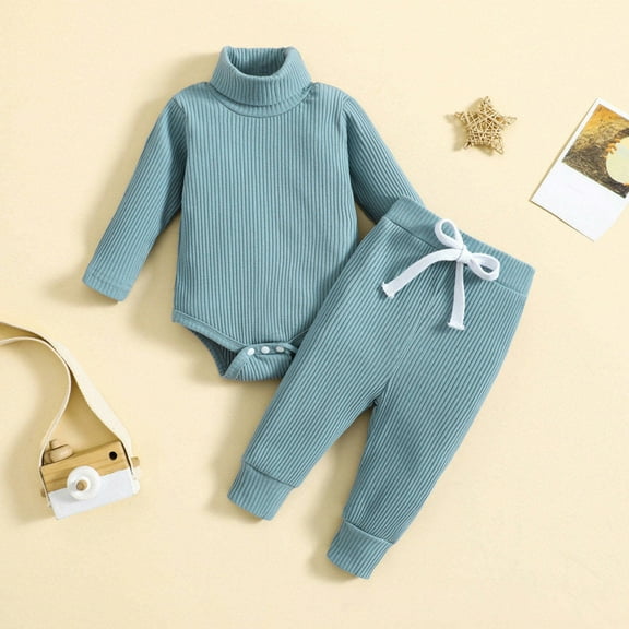 Lilgiuy Baby Boy Girl Winter Clothes New Year Outfits Casual Solid Color Long Sleeve Pullover Turtleneck Romper Drawstring Pants Set 0-24 Months(Blue)
