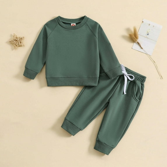 Lilgiuy Baby Boys Girl Solid Color Outfit Sweatsuit Casual Crewneck Pullover Sweatshirt Elastic Drawstring Sweatpants Pants Set Fall Winter Clothes for Sport Green(0-24Months)