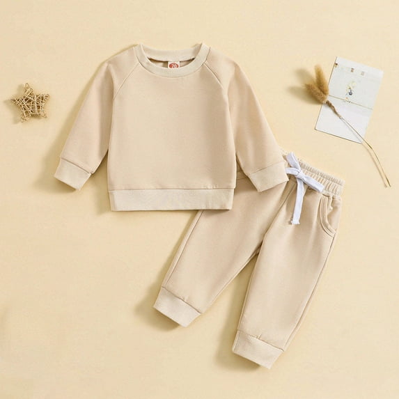 Lilgiuy Baby Boys Girl Solid Color Outfit Sweatsuit Casual Crewneck Pullover Sweatshirt Elastic Drawstring Sweatpants Pants Set Fall Winter Clothes for Sport Beige(0-24Months)