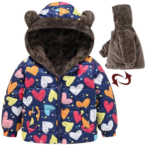 Lilgiuy Baby Boys Girls Kids Cute Hooded Jackets Winter Warm Heart Print Zip Up Plush Coat Outerwear Clothes Outfit for School Uniforms