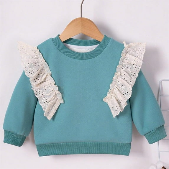 Lilgiuy Baby Girl Pullover Sweatshirt Casual Solid Color Fleece Long Lace Flying Sleeve Crewneck Shirt Tops Fall Winter Warm Comfortable Clothes (Blue,1-2 Years)