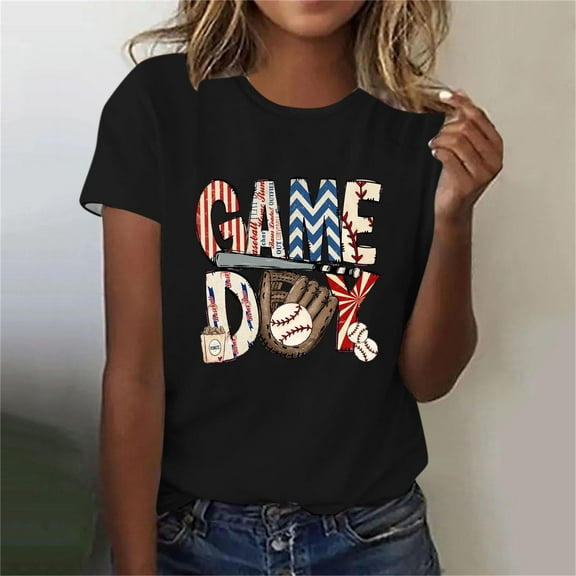 Lilgiuy Baseball Game Day Shirt for Women Baseball Shirts Oversized Graphic Tees Casual Short Sleeve Tops for Mother's Day(Black,XL)