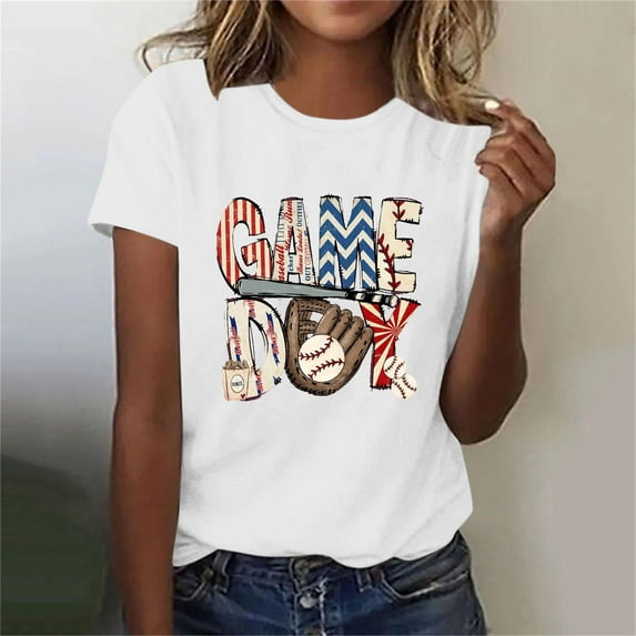 Lilgiuy Baseball Game Day Shirt for Women Baseball Shirts Oversized Graphic Tees Casual Short Sleeve Tops for Mother's Day(White,M)