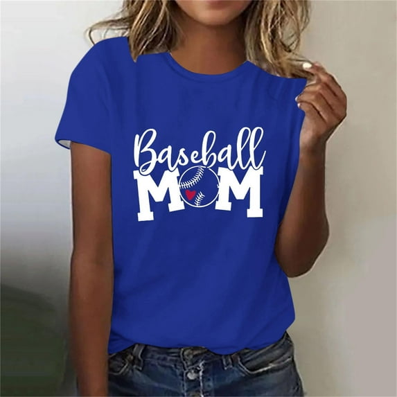 Lilgiuy Baseball Mom Shirt for Women Vintage Baseball Graphic Letter Print Mom Shirt Tee Baseball Mama Short Sleeve T-Shirts for Holiday Vacation Travel(Blue,M)