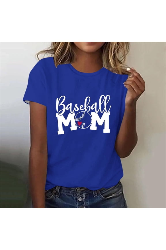 Baseball Mom Shirt for Women Vintage Baseball Graphic Letter Print Mom Shirt Tee Baseball Mama Short Sleeve T-Shirts for Holiday Vacation Travel(Blue,2XL)