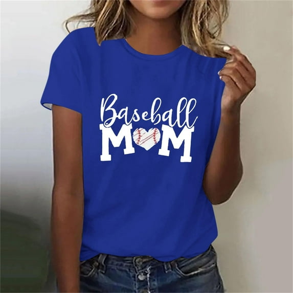 Lilgiuy Baseball Mom Shirt for Womens Mom Shirt Summer Solid Color Short Sleeve O-Neck Letter Print Casual Tops Tees for Mother's Day(Blue,XL)