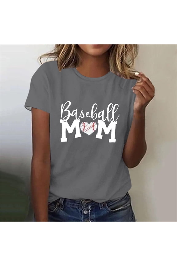 Baseball Mom Shirt for Womens Mom Shirt Summer Solid Color Short Sleeve O-Neck Letter Print Casual Tops Tees for Mother's Day(Gray,S)