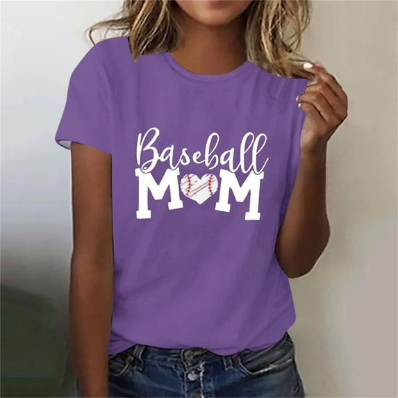 Lilgiuy Baseball Mom Shirt for Womens Mom Shirt Summer Solid Color Short Sleeve O-Neck Letter Print Casual Tops Tees for Mother's Day(Purple,2XL)