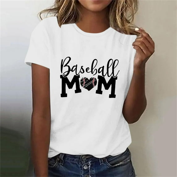 Lilgiuy Baseball Mom Shirt for Womens Mom Shirt Summer Solid Color Short Sleeve O-Neck Letter Print Casual Tops Tees for Mother's Day(White,XL)