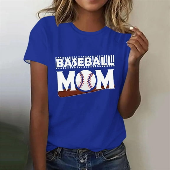 Lilgiuy Baseball Mom T-Shirt for Women Play Ball Baseball Heart Pattern Solid Color Short Sleeve Tees Trendy Novelty Baseball Graphic Top Streetwear(Blue,S)