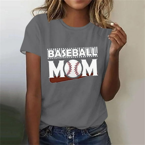 Lilgiuy Baseball Mom T-Shirt for Women Play Ball Baseball Heart Pattern Solid Color Short Sleeve Tees Trendy Novelty Baseball Graphic Top Streetwear(Gray,M)