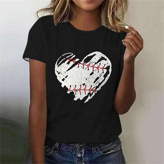 Lilgiuy Baseball Shirts for Women Baseball Heart Tee Game Day Graphic Tee Shirts Short Sleeve Shirts for Sports or Daily Life(Black,S)