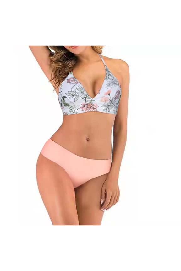 Bathing Suits for Women Charming With Chest Pad Without Underwire Floral Printed Double Shoulder Bikini Split Swimsuit