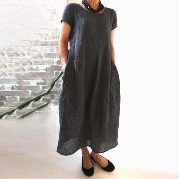 Lilgiuy Beach Sun Dress for Ladies FashionSummer Solid Causal Rounk Neck Short Sleeve Vacation Pockets Dress