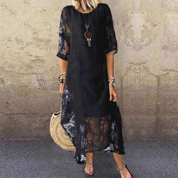 Lilgiuy Beach Sun Dress for Ladies Women's Summer Fashion Casual Solid Color Mid Sleeve Splicing Mesh Mid Length Dress