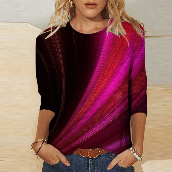 Lilgiuy Blouses for Women Comforty Casual 3/4 sleeve Fashion Printed Loose T-shirt Round Neck Casual Tops for Holiday Travel Beach