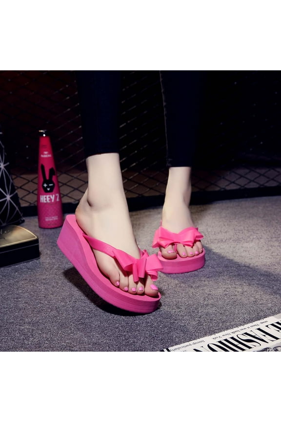 Bow Flip Flops for Women Platform Wedge Thong Sandals Summer Beach Sandals Slip on Slides High Heel Slippers for Easter Day Saint Patrick's Day(Hot Pink,7.5)
