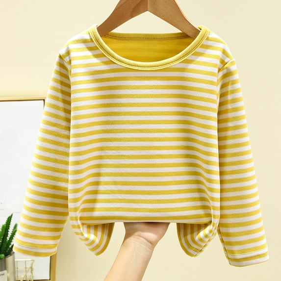 Lilgiuy Boy Girls Striped Undershirt Tops Fall Winter Solid Color Long Sleeve Pullover Skin-friendly Casual Base Layer Loose Shirts Sleepwear Army Yellow(18M-10Y)