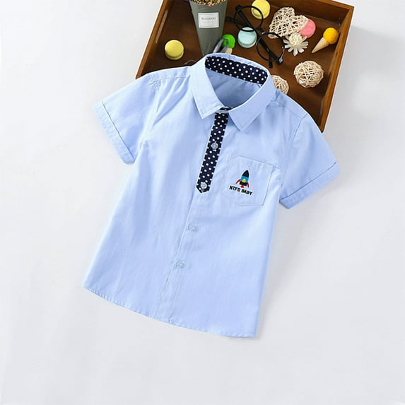 Lilgiuy Boys Dress Shirts Cute Rockets Graphic Button Down Shirt Short Sleeve Lapel Collar Summer Casual Clothes Toddler Solid Color Shirt for School Performance(Light Blue,3-4 Years)