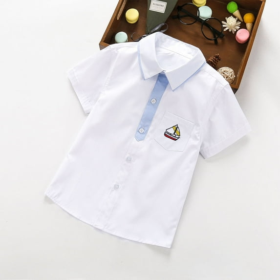 Lilgiuy Boys Dress Shirts Cute Sailboat Graphic Button Down Shirt Short Sleeve Lapel Collar Summer Casual Clothes Toddler Solid Color Shirt for School Performance(White,7-8 Years)