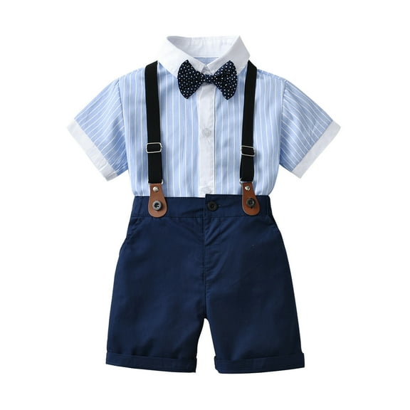 Lilgiuy Boys Formal Clothing Formal Short Sleeve Buttom Down Shirt Bib Pants With Bow Tie Decoration Summer Gentleman Outfit