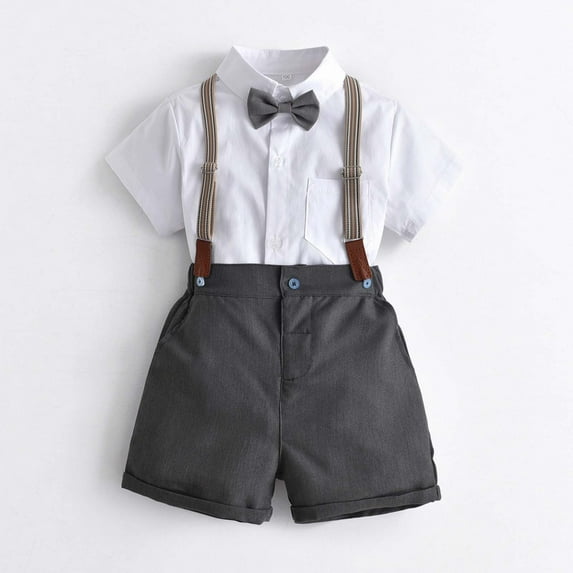 Lilgiuy Boys Formal Clothing Formal Short Sleeve Buttom Down Shirt Bib Pants With Bow Tie Decoration Summer Gentleman Outfit