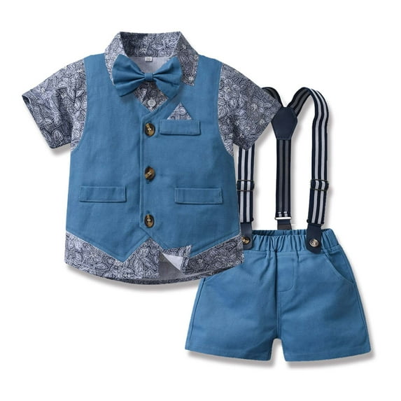 Lilgiuy Boys Gentleman Outfit Short Sleeve Printing Shirts Strap Shorts Three-piece Set for Photography Performance