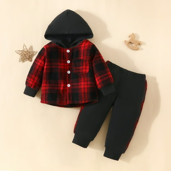 Lilgiuy Boys Girls 2 Piece Outfit Fall Winter Plaid Button Front Long Sleeve Hoodie Sweatshirts and Elastic Sweatpants Set for Sport Red(6M-3Y)