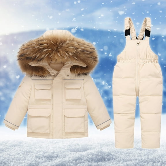 Lilgiuy Boys Girls Down Snowsuit Outerwear 2Pcs Clothes Winter Windproof Stretch Multi-color Hooded Jacket Snow Ski Bib Pants Outfits Set Christmas Birthday Gift Beige (1-6Years)