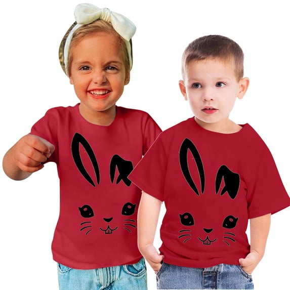 Lilgiuy Boys Girls Easter Shirts Kids Bunny T-Shirt Cute Rabbit Print Shirt Toddler Easter Graphic Tee for Beach Holiday Vacation Travel Birthday(Red,5-6 Years)