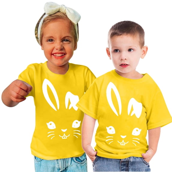 Lilgiuy Boys Girls Easter Shirts Kids Bunny T-Shirt Cute Rabbit Print Shirt Toddler Easter Graphic Tee for Beach Holiday Vacation Travel Birthday(Yellow,9-10 Years)