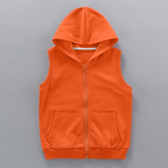Lilgiuy Boys Girls Fleece Hooded Vest Jacket Casual Solid Color Ligntweight Coat Zipper Closure Sleeveless Vest with Pocket for Birthday School Travel (Orange,9-10 Years)