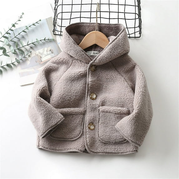 Lilgiuy Boys Girls Plush Jacket Cute Solid Color Fluffy Button Hooded Coat Fuzzy Outerwear Winter Warm Clothes with Pockets(18Months-7Years)