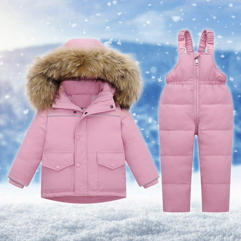 Lilgiuy Boys Girls Two Piece Snowsuit Winter Warm Hooded Artificial Fur Trim Puffer Down Jacket with Snow Ski Bib Pants Outfits for Hiking Mountaineering Pink 1 6 Years Walmart