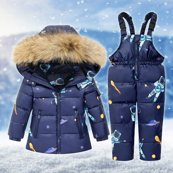 Lilgiuy Boys Girls Winter Ski Jacket Pants Set Cute Cartoon Print Zipper Closure Hooded Puffer Jacket with Pockets+ Adjustable Bib Pants 2 Pieces Set for Snow Competition Navy (1-6Y)