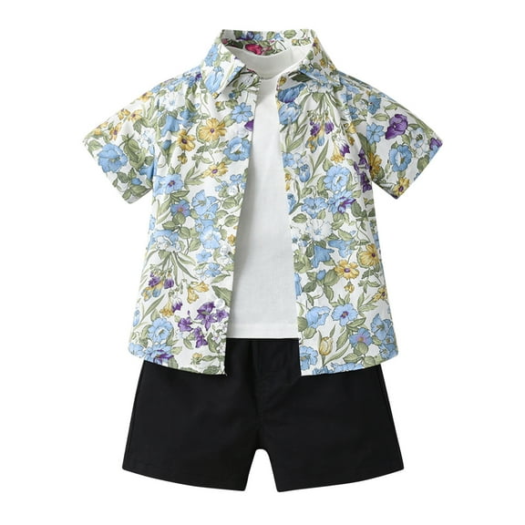 Lilgiuy Boys Hawaiian Sets Casual Fashionable Button Down Short Sleeve Floral Shirt With White T-shirt Shorts Set Summer Sales