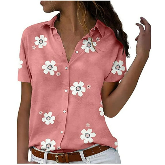 Lilgiuy Button Down Shirt Women Short Sleeve V-Neck Lapel Floral Print Blouses Summer Casual Tops 2022 Fall Winter