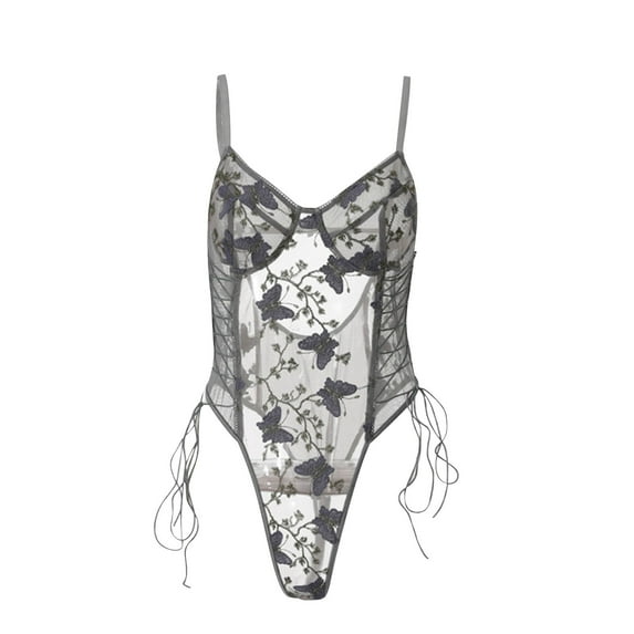 Lilgiuy Camisole Butterfly Floral Lace Embroidered Belt Lace Up Lingerie Bodysuit Gray,4 2022 Fall Winter