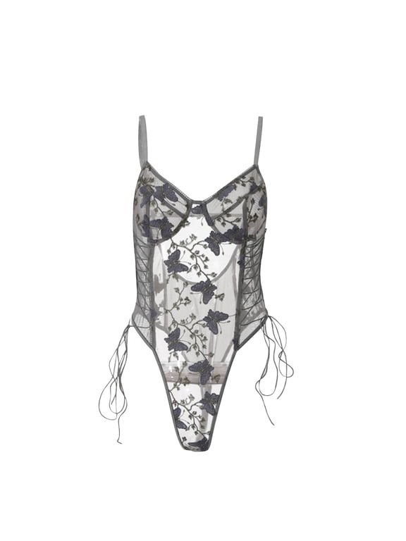 Camisole Butterfly Floral Lace Embroidered Belt Lace Up Lingerie Bodysuit Gray,4 2022 Fall Winter