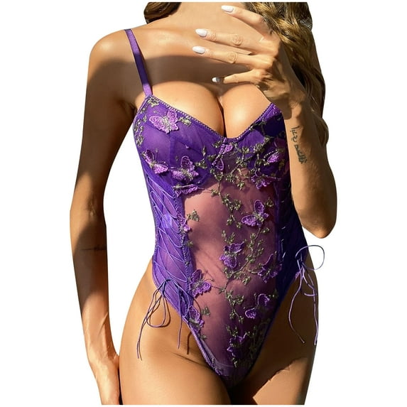 Lilgiuy Camisole Butterfly Floral Lace Embroidered Belt Lace Up Lingerie Bodysuit Purple,10(XL) Dresses for 2022
