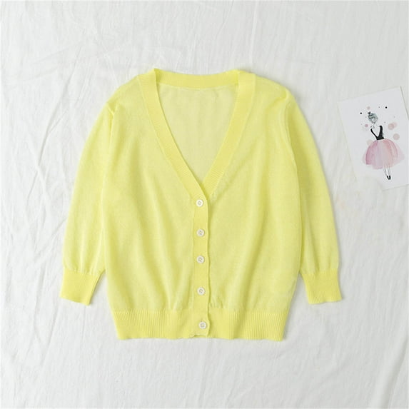 Lilgiuy Cardigan Sweaters for Kids Girls Cute Solid Color V Neck Long Sleeved Thin Style Button Closure Cardigan Tops Coat Outwear for 18M-7Y