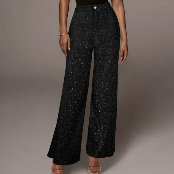 Lilgiuy Casual High Waist Straight Leg Women's Wide Leg Pants Loose Draping Pants Sequins Party Clothes Dance Performance Pants