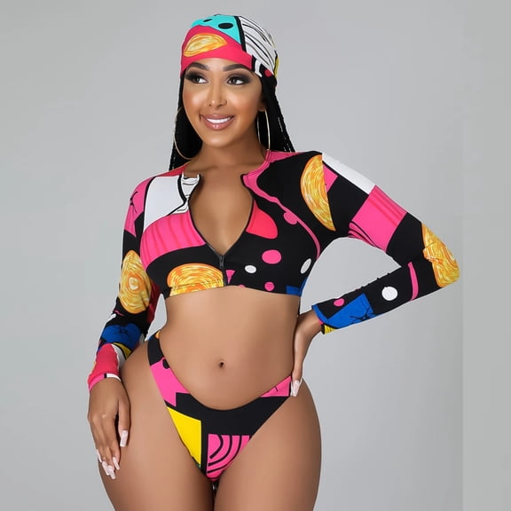 Lilgiuy Charming Women Fashion Bikini Print Three-piece Print Swimsuit Swimwear Beachwear Set for Vintage Birthday Party Beach Evening